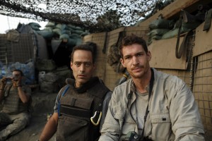 'Restrepo' film directors Sebastian Junger (left) and Tim Hetherington (right) at the Restrepo outpost in the Korengal Valley, Afghanistan. Junger and Hetherington jointly directed, filmed and produced the movie 'Restrepo' from June 2007 to January 2010. 
