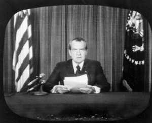 Richard Nixon resigns the presidency of the United States on national TV in the wake of the Watergate scandals, August 9, 1974.