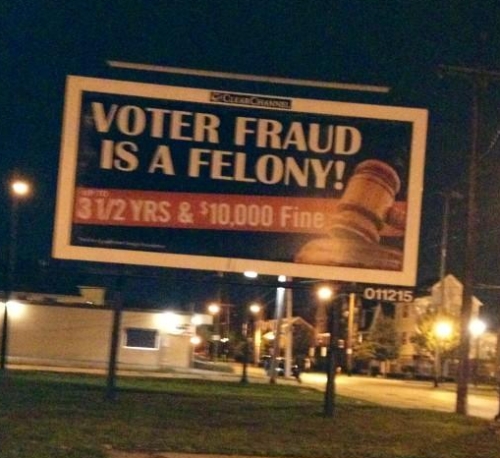 Voter Fraud sign, Cleveland (OH) 2012. Courtesy Cleveland City Councilwoman Phyllis Cleveland.