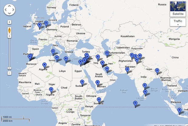 A Google Maps image tracking locations where demonstrations against the “Innocence of Muslims” video have occurred, as of 9/25/12.