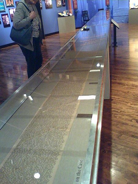 The original manuscript (a 120-foot scroll) of Jack Kerouac's 'On The Road', photographed on August 19, 2007 at an exhibition in Lowell, MA. Courtesy Creative Commons.