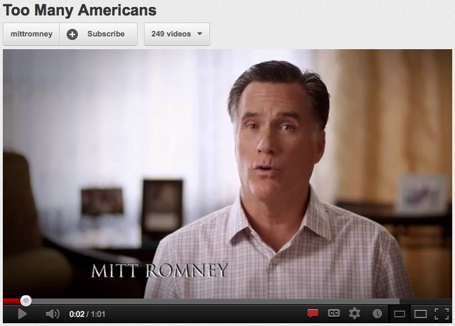 Mitt Romney "Too Many Americans" campaign ad, 2012, screenshot.