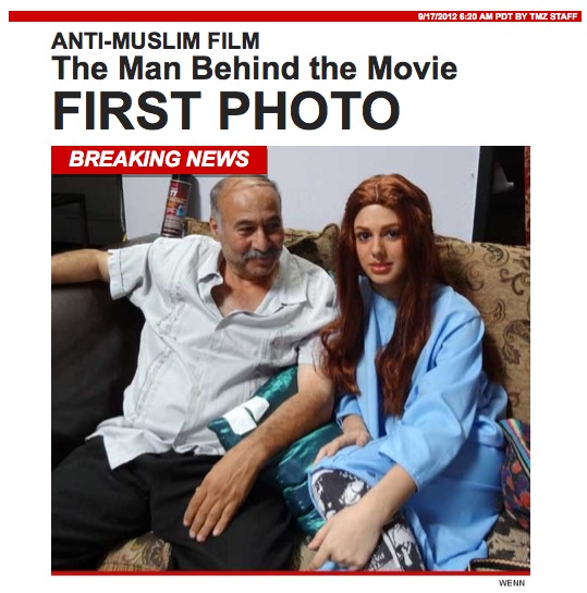 First published photo of Nakoula Basseley Nakoula, seen on the set of "Innocence of Muslims" with Anna Gurji, one of the actresses in the film. Screenshot from TMZ.com.