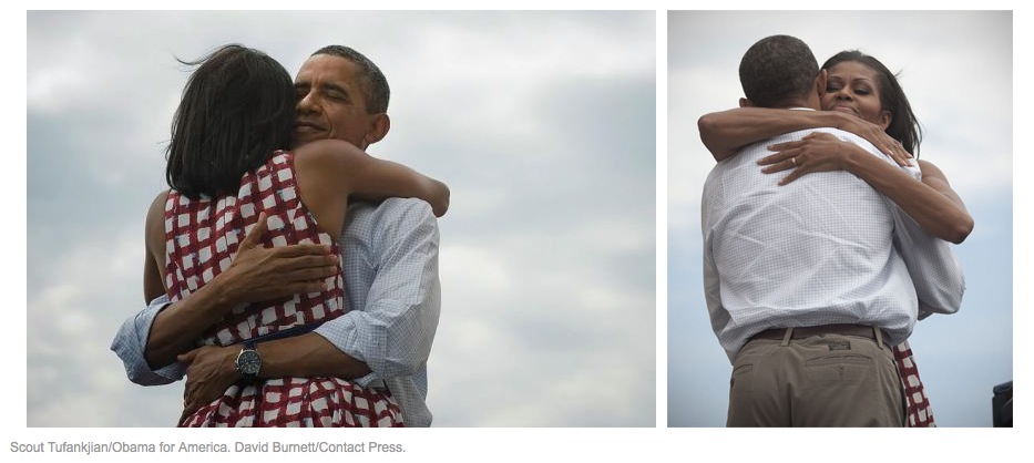 Photos of Barack and Michelle Obama hugging, by Scout Tufankjian (l) and David Burnett (r), August 2012, screenshot from Slate.