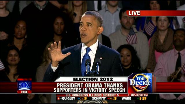 Pres. Barack Obama, victory speech, Chicago, 11-7-12, Fox news screenshot.