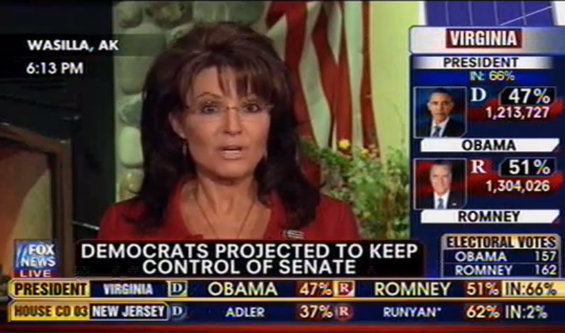 Sarah Palin talking trash, Fox News, 11-6-12, screenshot.