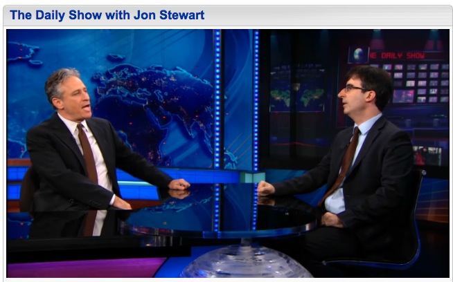 Jon Stewart and John Oliver, Daily Show, 11-8-12, screenshot.