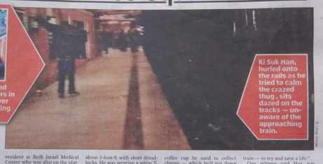 Abbasi's Photograph #1: Davis, who allegedly pushed Han, at left. Han is sitting on the tracks, lower right. (Credit: photo of spread from NY Post print version. Subway photo by R. Umar Abbasi.)