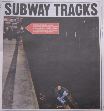 Abbasi Photograph #2: Han on the tracks after being pushed. Note train lights in the distance. (Credit: Photo from NY Post, print version. Subway photo by R. Umar Abbasi.)