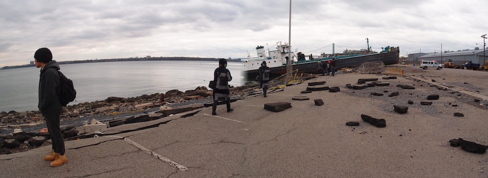 Beached tanker and damaged shoreline, North Shore, Staten Island, 10-31-12. Photo © copyright 2012 by A. D. Coleman.