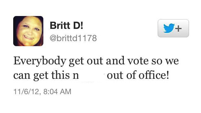 Election 2012 tweet from "Britt D," 11-6-12.