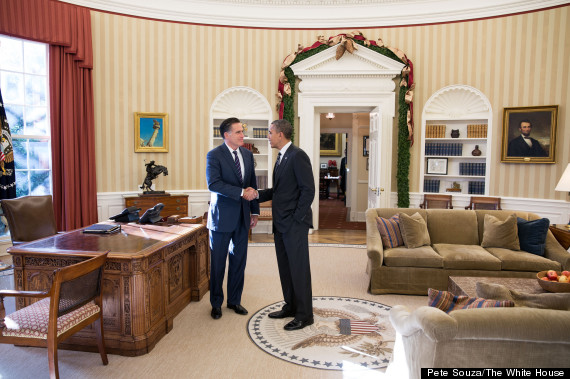 Barack Obama with Mitt Romney, Oval Office, 11-29-12. Official White House photo by Pete Souza.