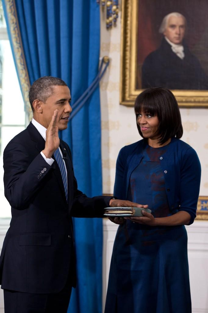 Barack Hussein Obama taking the oath of office in a private ceremony at the White House on January 20, 2013. Official White House photo by Pete Souza.