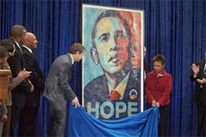 Shepard Fairey, "Hope," National Portrait Gallery, installation, 2009. Photo courtesy National Portrait Gallery.