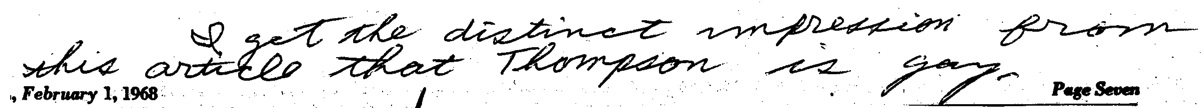 Harold Weisberg handwritten note on A. D. Coleman article about Josiah Thompson: "I get the distinct impression from this article that Thompson is gay."