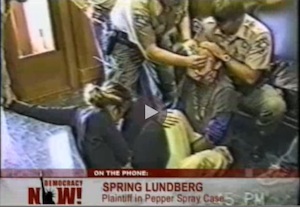 Humboldt County police officers apply cotton swab soaked in pepper spray to the eyelids of activist, fall 1997. Screenshot from police video.