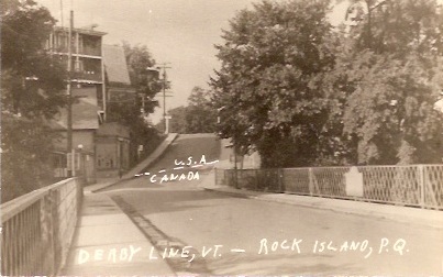 US-Canadian border, looking south from Rock Island, Quebec. Anonymous photo postcard, n.d. Collection A. D. Coleman.