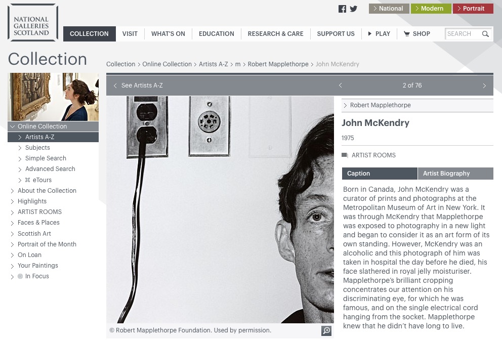 John McKendry, deathbed portrait by Robert Mapplethorpe (1975). Screenshot, National Galleries of Scotland website.