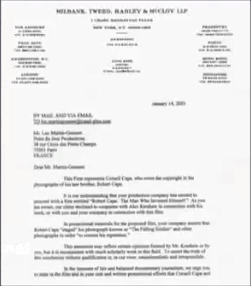 Cornell Capa letter re Patrick Jeudy film, 2003, screenshot