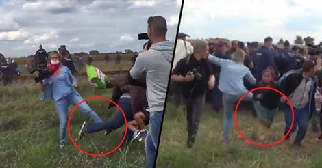 Hungarian TV reporter Petra László kicking and tripping refugees, 9-8-15, screenshot