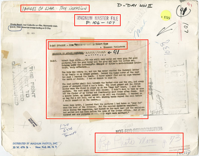 Robert Capa, "The Face in the Surf," Magnum press print, verso, annotated