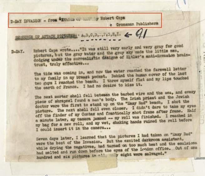 Robert Capa, "The Face in the Surf," Magnum press print, verso, detail, annotated