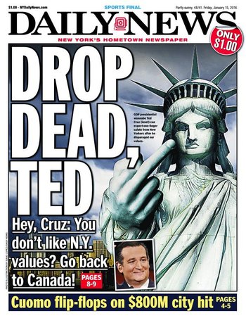 New York Daily News, "Drop Dead, Ted," front page, January 15, 2016