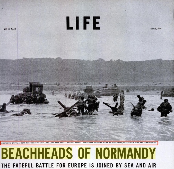 “Beachheads of Normandy,” LIFE magazine feature on D-Day with Robert Capa photos, June 19, 1944, p. 25 (detail)