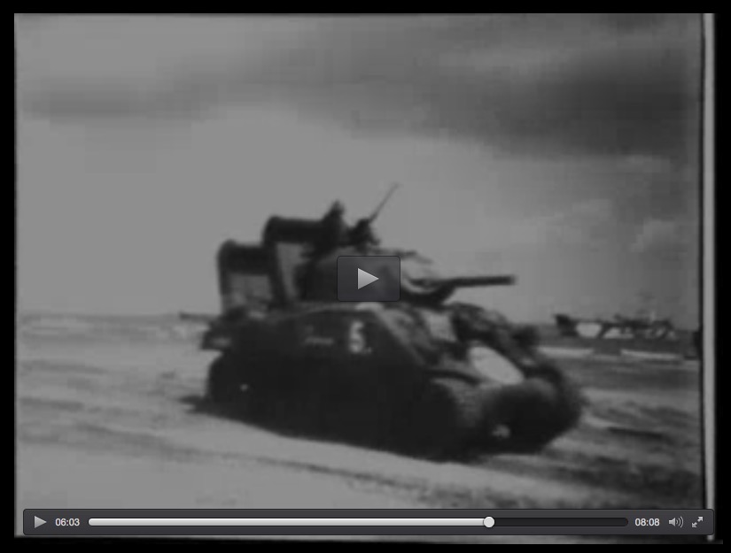 Wading M4 Sherman tank, Normandy beachhead, 6-6-44, Universal Newsreel screenshot