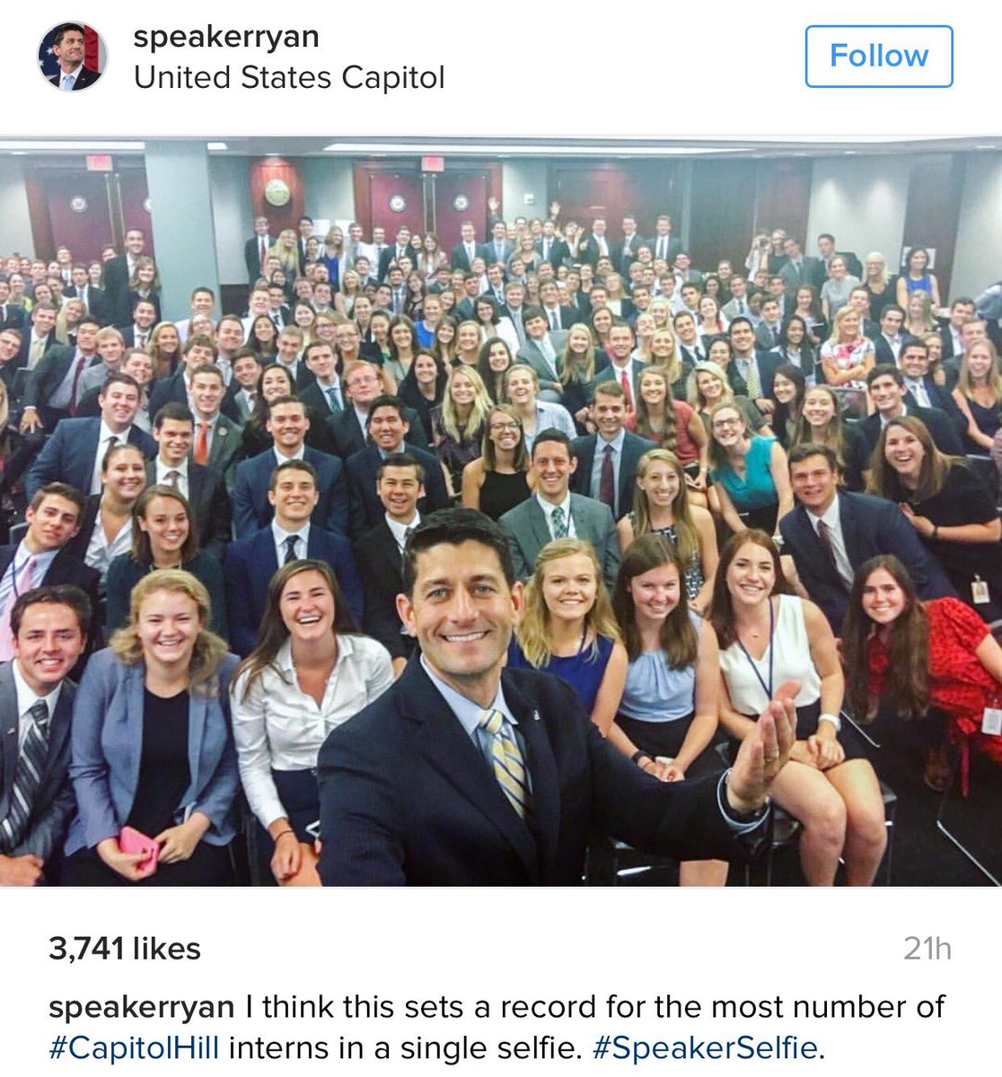House Speaker Paul Ryan, Instagram selfie with Congressional interns, July 17, 2016