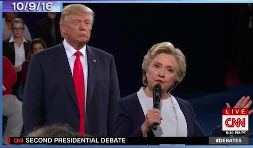 Donald Trump stalking Hillary Clinton, second presidential debate, St. Louis, 10-9-16, screenshot
