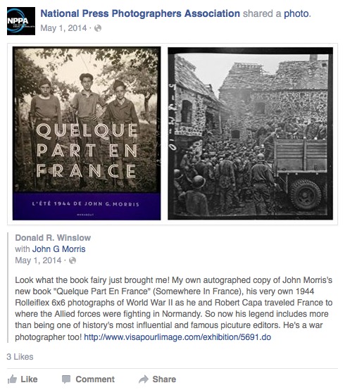 Donald Winslow receives gift of signed book by John Morris, NPPA Facebook page, 5-1-14, screenshot