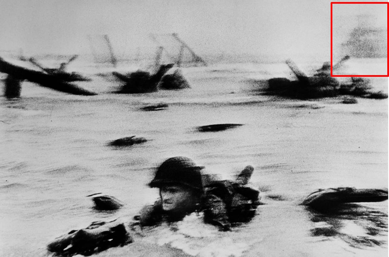 Robert Capa, "The Face in the Surf," annotated. The outline of LCI(L)-94, on which Capa returned to the USS Samuel Chase from Omaha Beach, appears in the red rectangle on the upper right.