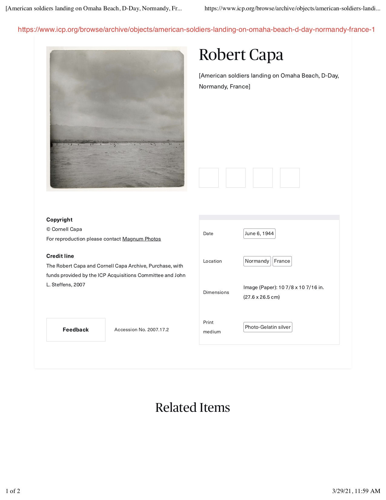  Robert Capa [American soldiers landing on Omaha Beach, D-Day, Normandy, France], ICP website, screenshot