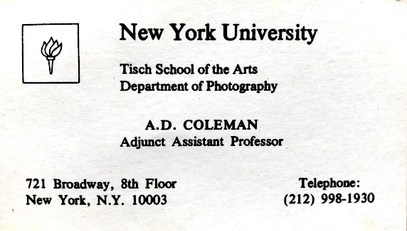 A. D. Coleman, NYU Tisch Photo Dept. business card
