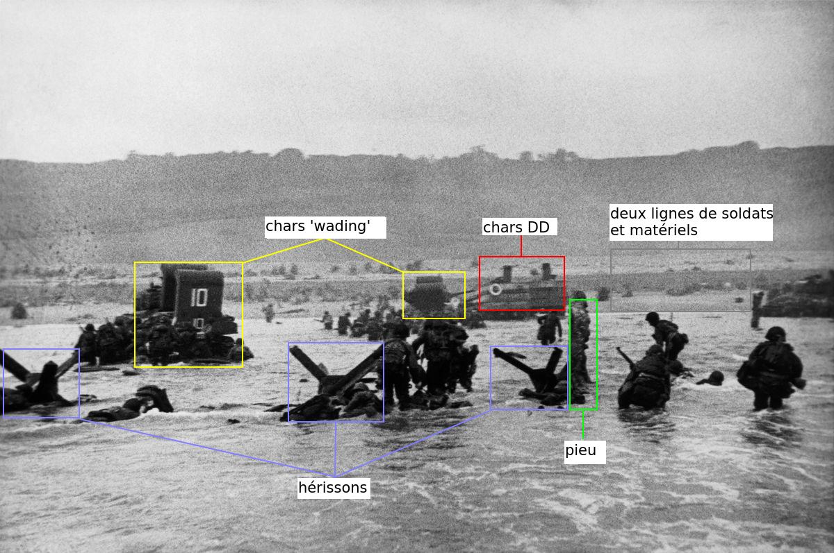 06 - Robert Capa, Omaha Beach, June 6, 1944, photo C32, annotated.