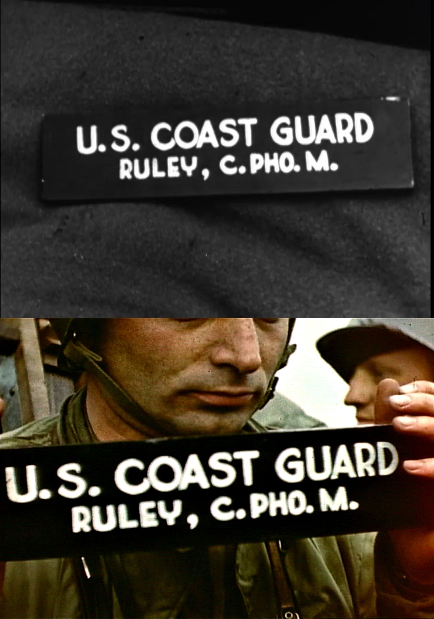 08 - (top) Ruley Slate, film 428-NPC-15707 at timestamp 0:07 / (bottom) Ruley Slate held by Robert Capa, color film 428-NPC-10782 at timestamp 5:15.