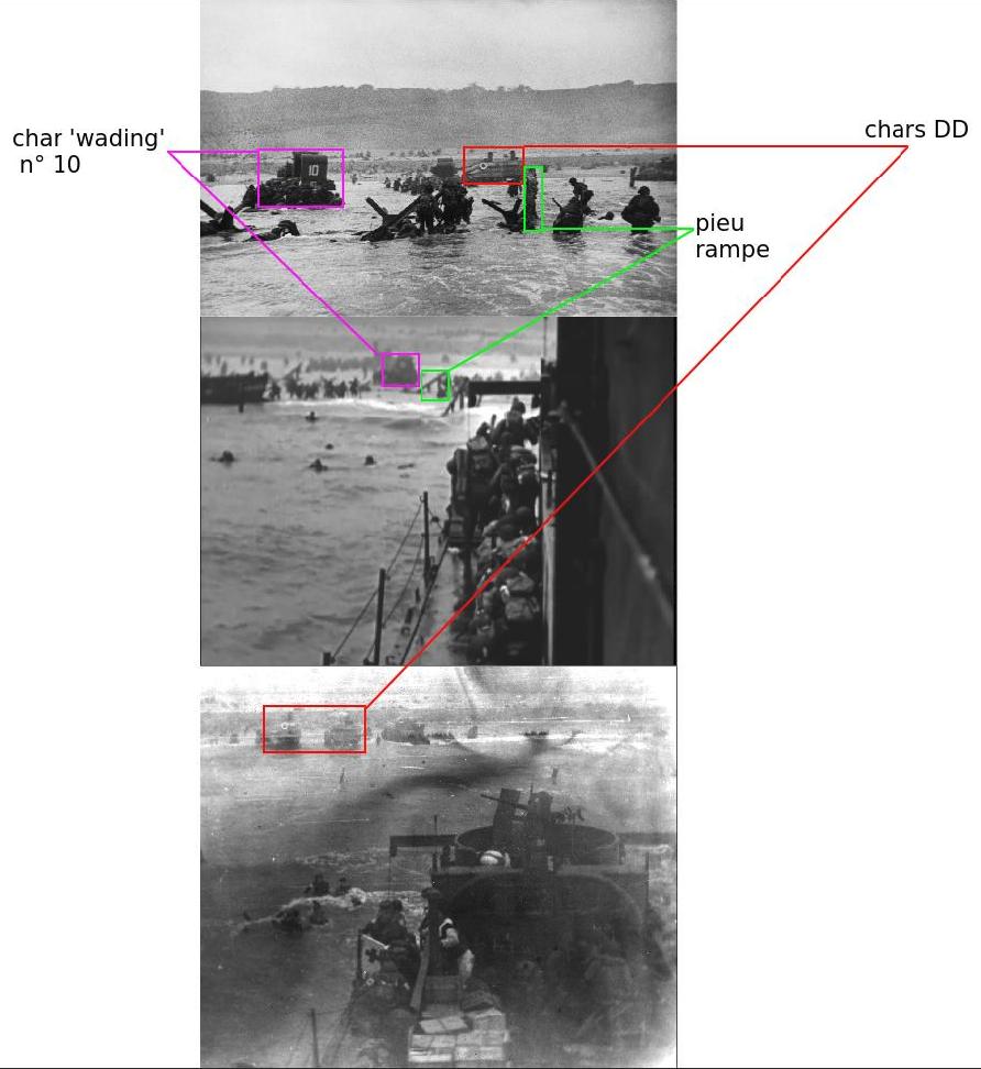 12 - From top to bottom: Robert Capa, photo C32; David T. Ruley, still from NARA film 428-NPC-15707, shot from LCI(L)-94; Gene R. Gislason, photo taken from the deck of the LCI(L)-94, The National WWII Museum, New Orleans. Annotated images.