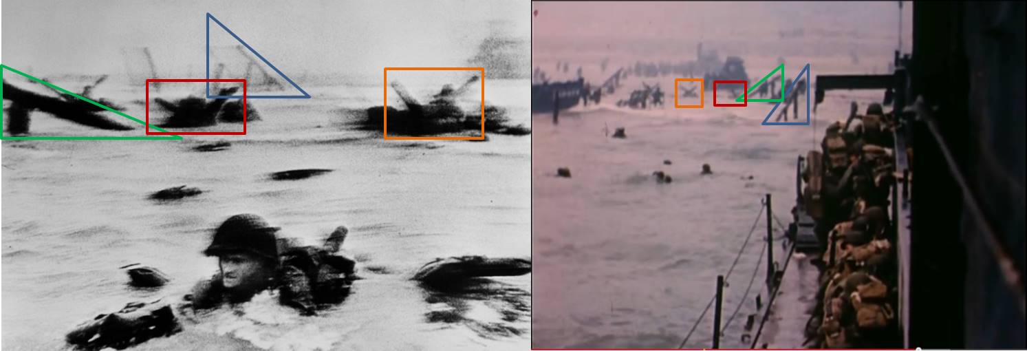 14 – Robert Capa, photo C37, "The Face in the Surf" (left); David Ruley, frame from D-Day film (right). Source : Guest Post 24: Charles Herrick on Capa’s D-Day (e), May 14, 2017, figure 4.