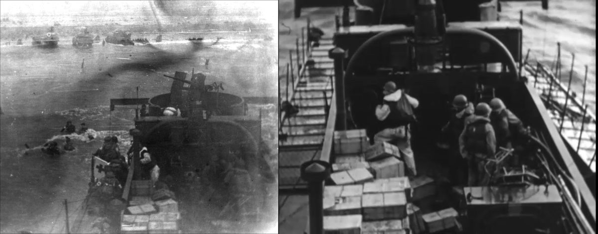 15 – Gene R. Gislason, photo taken from the bridge of LCI(L)-94, The National WWII Museum, New Orleans; David T. Ruley, frame from film NARA 428-NPC-15707, at timestamp 2:19.