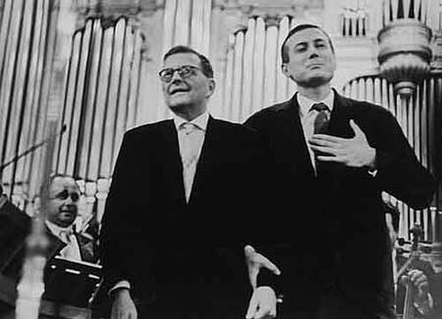 Dmitri Shostakovich (l) and Yevgeny Yevtushenko (r), at the premiere of Shostakovich's Thirteenth, "Babii Yar" Symphony, Moscow Conservatory, 1963