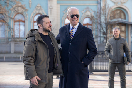U.S. Pres. Joe Biden and Ukraine Pres. Volodymyr Zelenskyy, Kiev, 2/21/23. Official White House photo.