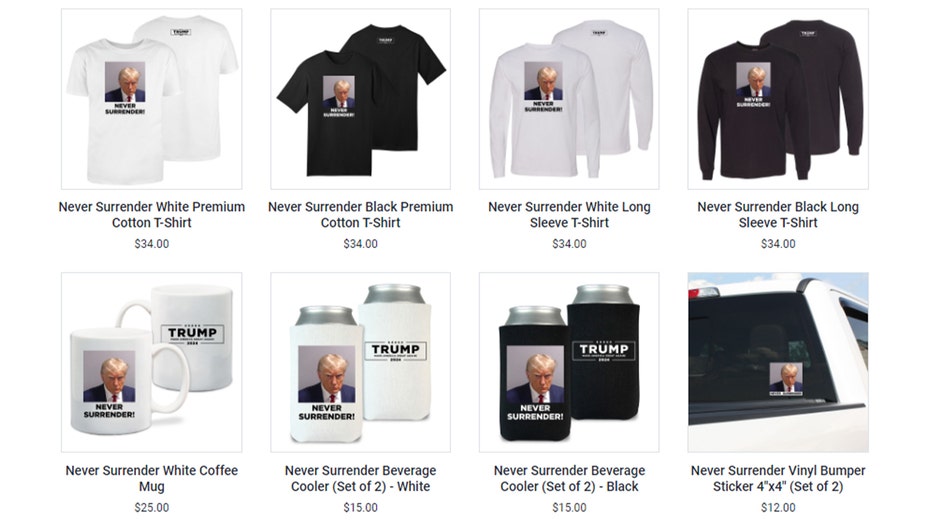 Trump Campaign, "Never Surrender" mugshot merchandise, screenshot, August 2023