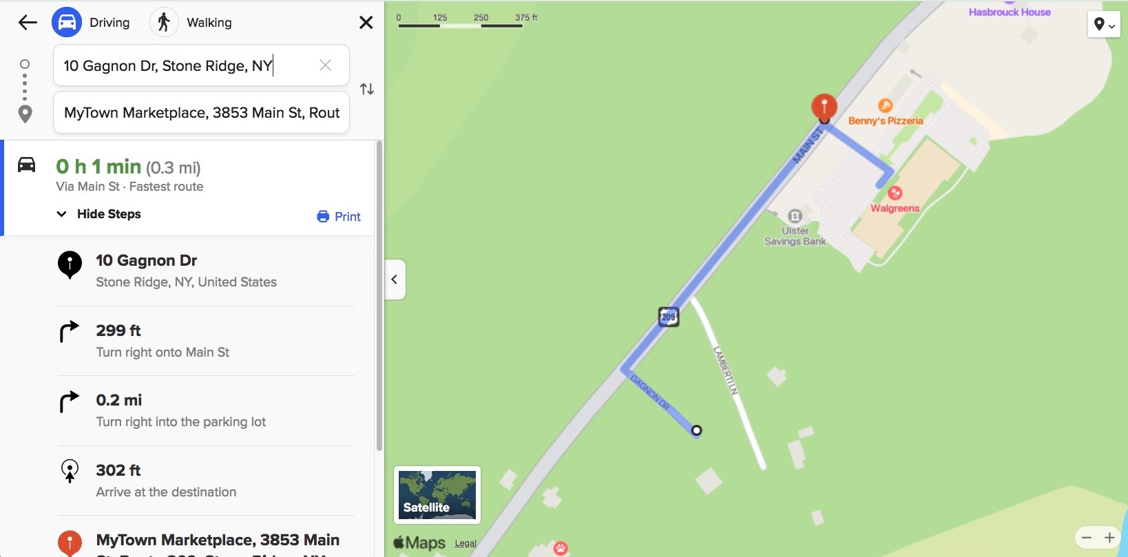 Google Maps, distance from 10-14 Gagnon Drive to MyTown Marketplace, screenshot