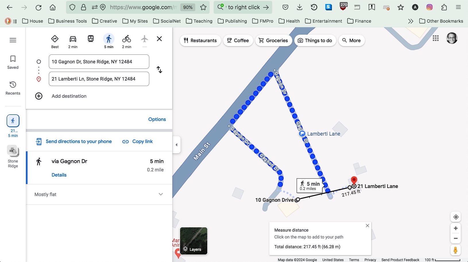 Google Maps, distance from 21 Lamberti Lane to 10-14 Gagnon Drive, screenshot