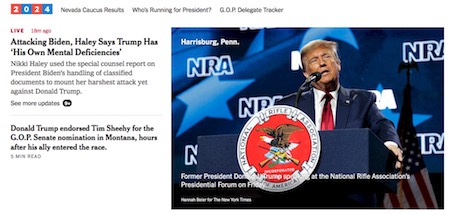NY Times, online edition, front page with Trump, screenshot, 2024-02-09