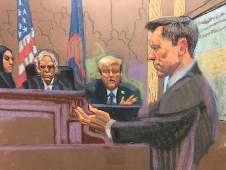 Donald Trump in witness box, NYC Civil Trial (2023). Official courtroom sketch by Christine Cornell