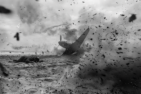 Phillip Toledano, We Are at War (2024), plane crashing on Omaha Beach
