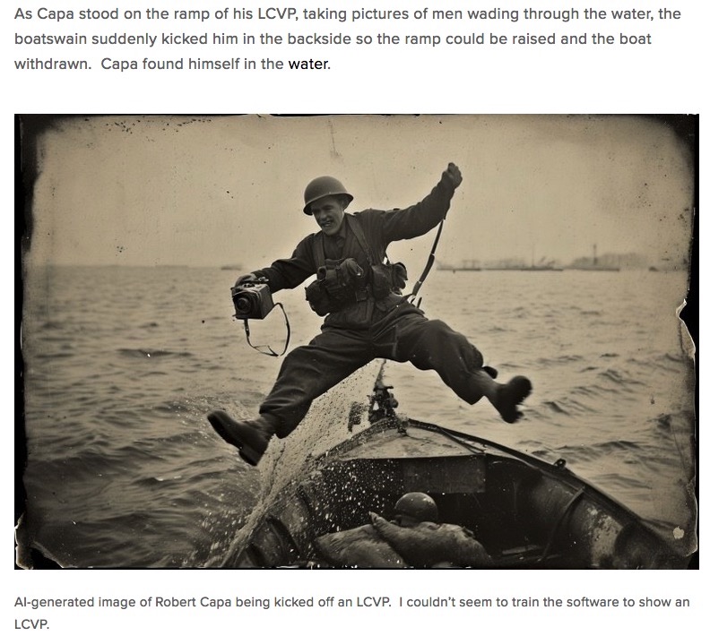 Robert Capa in clown shoes getting kicked off a rowboat on D-Day, tintype. AI image generated by Timothy Floyd, June 2025, screenshot.