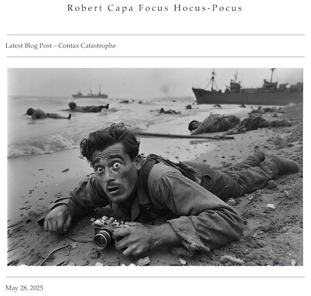 Robert Capa, who grew a mustache for the invasion, on Easy Red. AI image generated by Timothy Floyd, 2025, screenshot.